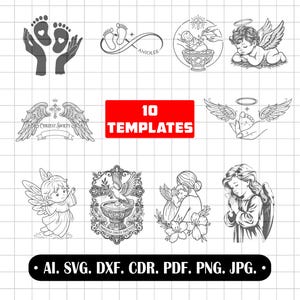 Può includere: Una raccolta di 10 modelli digitali con illustrazioni a linee bianche e nere di temi religiosi e battesimali, tra cui angeli, piedi di neonato, colombe e croci, con etichette di testo come CHRZEST SWIETY e ANIOLEK su uno sfondo a griglia.