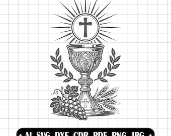 Communion Chalice SVG, Host with Cross, First Holy Communion, Vector for Invitations, Baptism Souvenir, Grapes and Ears of Grape, CNC IHS Clipart