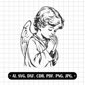 Puede incluir: Ilustración en blanco y negro de un querubín rezando, con alas detalladas y cabello rizado. La imagen incluye opciones de formato de archivo: AI, SVG, DXF, CDR, PDF, PNG y JPG.