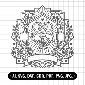 May include: Black and white line art design featuring two hands clasped, intertwined rings, floral elements, and a banner. The design includes hearts and geometric shapes, with the text "AI. SVG. DXF. CDR. PDF. PNG. JPG." at the bottom.