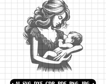 Mother with baby SVG, mom and baby outline, file for laser, plotter design, motherly love, cricut vector, mother's day gift