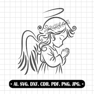 May include: A monochrome line drawing of an angel in prayer, featuring wings, a halo, and a floral crown. The image includes the text: AI. SVG. DXF. CDR. PDF. PNG. JPG.