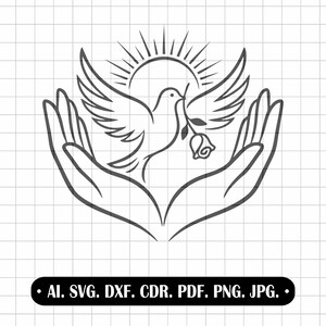May include: A black and white line art illustration of a dove holding a rose in its beak, with outstretched wings, set against a sunburst. The dove is cradled by two hands. The image includes file format options: AI, SVG, DXF, CDR, PDF, PNG, JPG.
