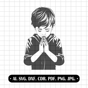 以下が含まれることがあります： 祈りのポーズで手を合わせた子供の白黒イラスト。子供はフード付きスウェットシャツを着ています。画像にはテキストが含まれています：AI. SVG. DXF. CDR. PDF. PNG. JPG.