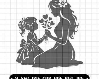 Mother and Daughter SVG, Mother's Day Clipart, Mom and Baby Silhouette, Bouquet of Hearts Vector Graphics, Gift for Mom, Design for Laser Cricut
