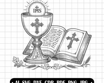 First Holy Communion SVG, IHS Chalice, Bible, Host, Engraving Vector, Christian Clipart, Communion Keepsake, CNC Design