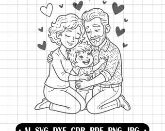 Family SVG, Parental Love Clipart, Coloring Page Dnd File, Mother and Father with Baby Png, Laser Cutting Graphics, Outline Vector