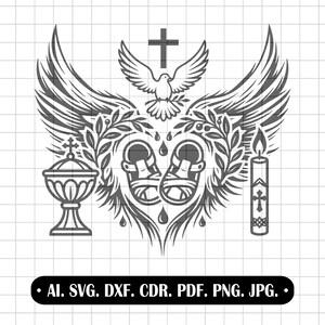 Può includere: Illustrazione in scala di grigi con simboli religiosi: croce, colomba, ali, scarpine, calice e candela. L'immagine contiene anche il testo: AI. SVG. DXF. CDR. PDF. PNG. JPG.