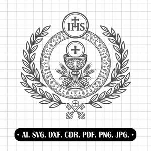 IHS Chalice SVG, First Holy Communion, Host and Grapes, Vector for Laser, Church Decoration, Communion Souvenir, CNC Clipart, Engraving
