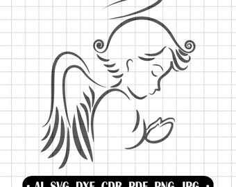 Praying Angel SVG, Memorial Line Art, Little Angel Clipart for Laser Engraving, Baby Baptism Decor, Silhouette Cut File, Sublimation Design