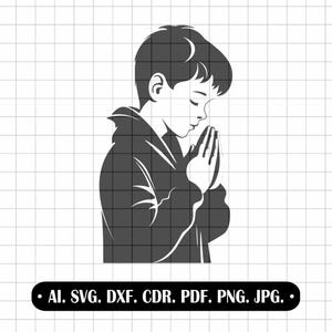 Può includere: Illustrazione in scala di grigi di un bambino con le mani giunte in preghiera. Il bambino indossa un indumento con cappuccio. L'immagine include il testo: AI. SVG. DXF. CDR. PDF. PNG. JPG.