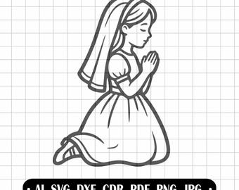 First Holy Communion Girl SVG, Praying Girl Clipart, Communion Souvenir Engraving, Communion Gift, Laser Cut Vector