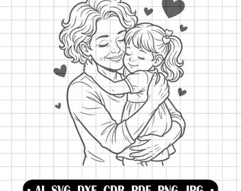 Mom and daughter SVG, mother's love, mother's day, laser cut file, vector art, hearts, mom's hug, cricut design, clipart, outline