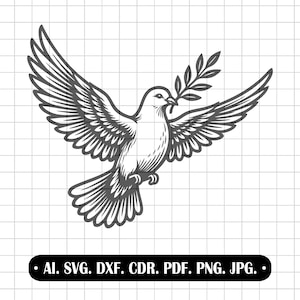 Könnte beinhalten: Schwarz-weiße Illustration einer fliegenden Taube, die einen Olivenzweig im Schnabel trägt. Die Flügel der Taube sind weit ausgebreitet. Der Text lautet: AI. SVG. DXF. CDR. PDF. PNG. JPG.