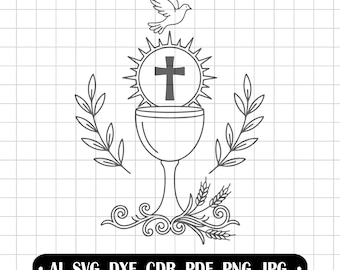 Communion Chalice SVG, Host and Dove, First Holy Communion Graphic, Laser Cut, Engraving, Communion Clipart, CNC Vector, PNG