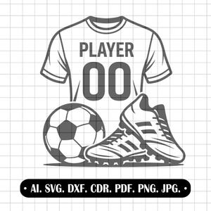 Könnte beinhalten: Eine grafische Illustration mit einem T-Shirt mit dem Text PLAYER 00, einem Fußball und einem Paar Fußballschuhe. Unter der Grafik befindet sich ein schwarzes rechteckiges Etikett mit dem Text AI. SVG. DXF. CDR. PDF. PNG. JPG.