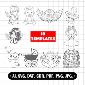 May include: A collection of 10 black and white line art templates featuring religious and baby-themed illustrations including angels, a baby with a pacifier, a cross, a pacifier, a teddy bear with a balloon, a carriage, a dove, and text.