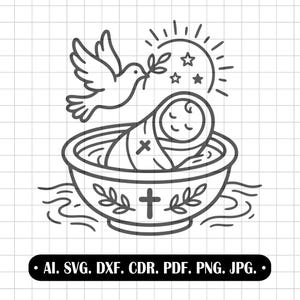 Chrzest Święty SVG, Chrzest Dziecka Projekt, Gołębica z Oliwną Gałązką, Chrzcielnica Wektor, Pamiątka Chrztu, Christian Baptism Cut File PNG