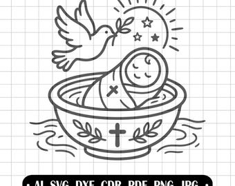 Holy Baptism SVG, Baby Baptism Design, Dove with Olive Branch, Baptismal Font Vector, Baptism Keepsake, Christian Baptism Cut File PNG