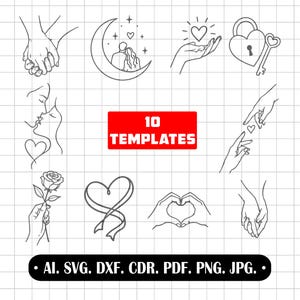 May include: A collection of 10 black line art templates on a white grid background featuring romantic motifs including hands holding, a couple on a crescent moon, a heart-shaped padlock with a key, a rose, and hands forming a heart shape.
