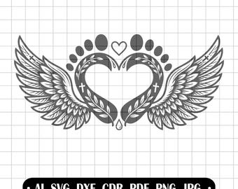 Baptism Souvenir SVG, Angel Feet Laser File, Heart with Cross Clipart, Child Birth Graphics, Sacrament, Angel Wings