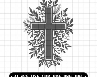 Christian Cross SVG with Leaves Floral Religious Cross Clipart First Holy Communion Laser Cut File Baptism Decoration Grace Silhouette PNG