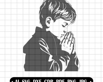 Praying Boy SVG Vector Art - First Communion Clipart, Religious Laser Engraving File, Christian Sublimation Design, Memorial Silhouette PNG