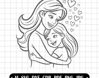 Mom and daughter svg, mother's love, mother's day svg, hearts outline, file for clipline, cricut vector art, hugging illustration svg