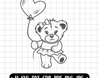 Cute Girl Teddy Bear SVG with Heart Balloon, Floral Bow & Skirt Laser Cut File, First Holy Communion Clipart, Kids Birthday Vinyl Decal PNG