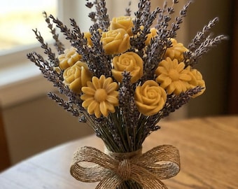 Bijenwasbloemboeket met gedroogde Spaanse lavendel Natuurlijk woondecoratiecadeau.