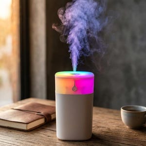 May include: A white cylindrical portable humidifier with a glowing multicolored LED light ring at the top. A steady stream of cool mist rises from the center of the device, which features a small power button icon on the front surface.