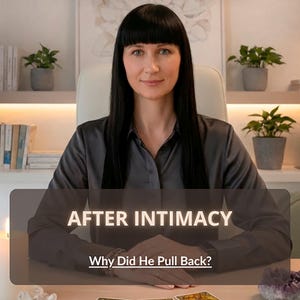 May include: A woman with long black hair and a dark gray shirt sits at a desk. The text "AFTER INTIMACY" and "Why Did He Pull Back?" are displayed on a dark rectangle in the foreground. Small potted plants are on shelves in the background.