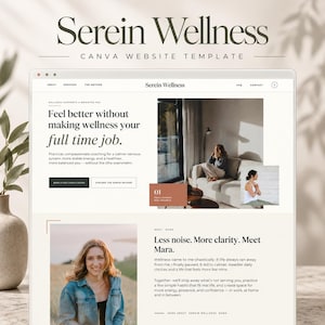 May include: A digital website template for Serein Wellness displayed on a screen. The layout features a clean, neutral colour palette with serif typography, including sections for services, a method overview, and a biography for Mara with photos.