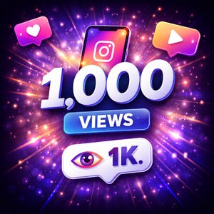 May include: A digital graphic celebrating 1,000 views. The image features a smartphone with the Instagram logo, speech bubbles with a heart and play button, and the text "1,000 VIEWS" with a "1K" icon.