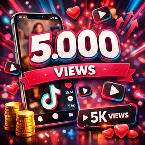 May include: A smartphone displays a video with the text "5.000 VIEWS" in a vibrant, stylized design. The image includes TikTok's logo, play buttons, hearts, and stacks of gold coins, all set against a colorful, dynamic background.