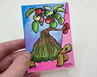 2.5" x 3.5" Whimsical Tortoise ACEO Watercolor Turtle ACEO - Small gift - Collectable Art - Original ACEO Watercolor - Bonsai Tree Art