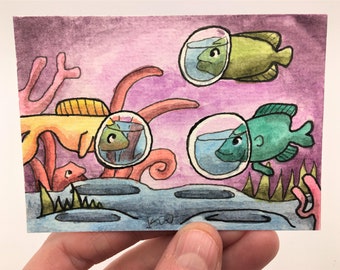 2.5" x 3.5" caprichoso ACEO acuarela arte pescado ACEO - pequeño regalo - arte coleccionable - arte infantil - original ACEO acuarela