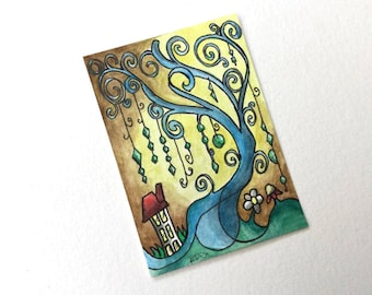 Blue Abstract Swirly Tree - 2.5" x 3.5" - Original ART ACEO Watercolor - Katie Hone