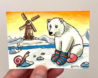 Polar Bear Finds a Snail - 2.5" x 3.5" - Original ART ACEO Watercolor - Katie Atkin