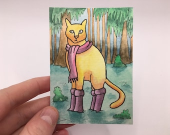 2.5" x 3.5" caprichoso ACEO acuarela arte gato ACEO - pequeño regalo - arte coleccionable - original ACEO acuarela