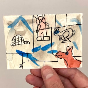 Original ACEO - Kunst von 7 Jahre alt - 2,5 x 3,5 Zoll - Handgemalte Kunst von Peter Atkin - Polarkaninchen und Hund Panele - Mondrian