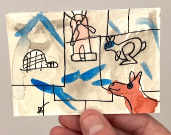 Original Painted ACEO - Art by 7 year old - 2.5 x 3.5 inches - Hand Painted Art by Peter Atkin - Arctic Rabbit and Dog Panels - Mondrian