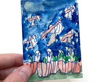 Halloween ACEO - Konst av 6-årig son - 6,5 x 9,5 cm - Handmålad konst av Peter Atkin - Spöken och pumpor - Samlarobjekt - Spöklik konst