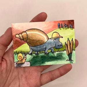 Snail Hippo - 2.5&quot; x 3.5&quot; - Original ART ACEO Watercolor - Katie Hone