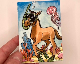 Sea Horse goes Snorkelling - 2.5" x 3.5" - Original ART ACEO Watercolor - Katie Atkin