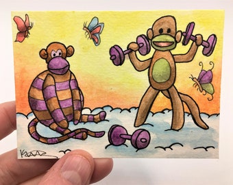 2.5" x 3.5" caprichoso ACEO acuarela arte calcetín mono ACEO - pequeño regalo - arte coleccionable - arte infantil - original ACEO acuarela