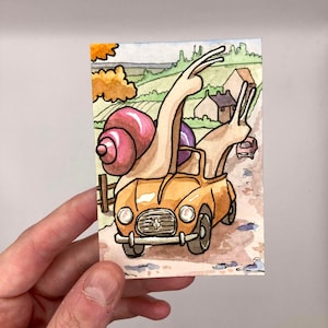 Ślimaki na brytyjskiej wsi - 2,5" x 3,5" - Oryginalna akwarela ART ACEO - Katie Atkin