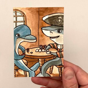 Hai und Delfin Wunderliches Aquarell ACEO - 6,5 x 9 cm - Original ART ACEO Aquarell von Katie Atkin