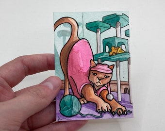 2.5" x 3.5" Caprichosa ACEO Acuarela ArtCat Estiramiento ACEO - Pequeño regalo - Arte coleccionable - Acuarela ACEO original