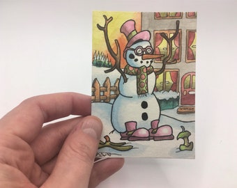 2,5 x 3,5" Grillige ACEO Aquarel Art Snowman cadeau - Klein cadeau - Funny Original Art - Originele ACEO Aquarel